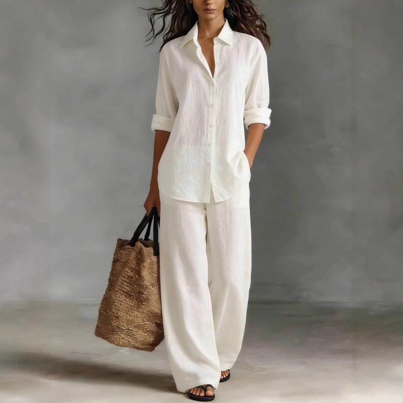 Ensemble chemise et pantalon décontracté en coton et lin pour femme